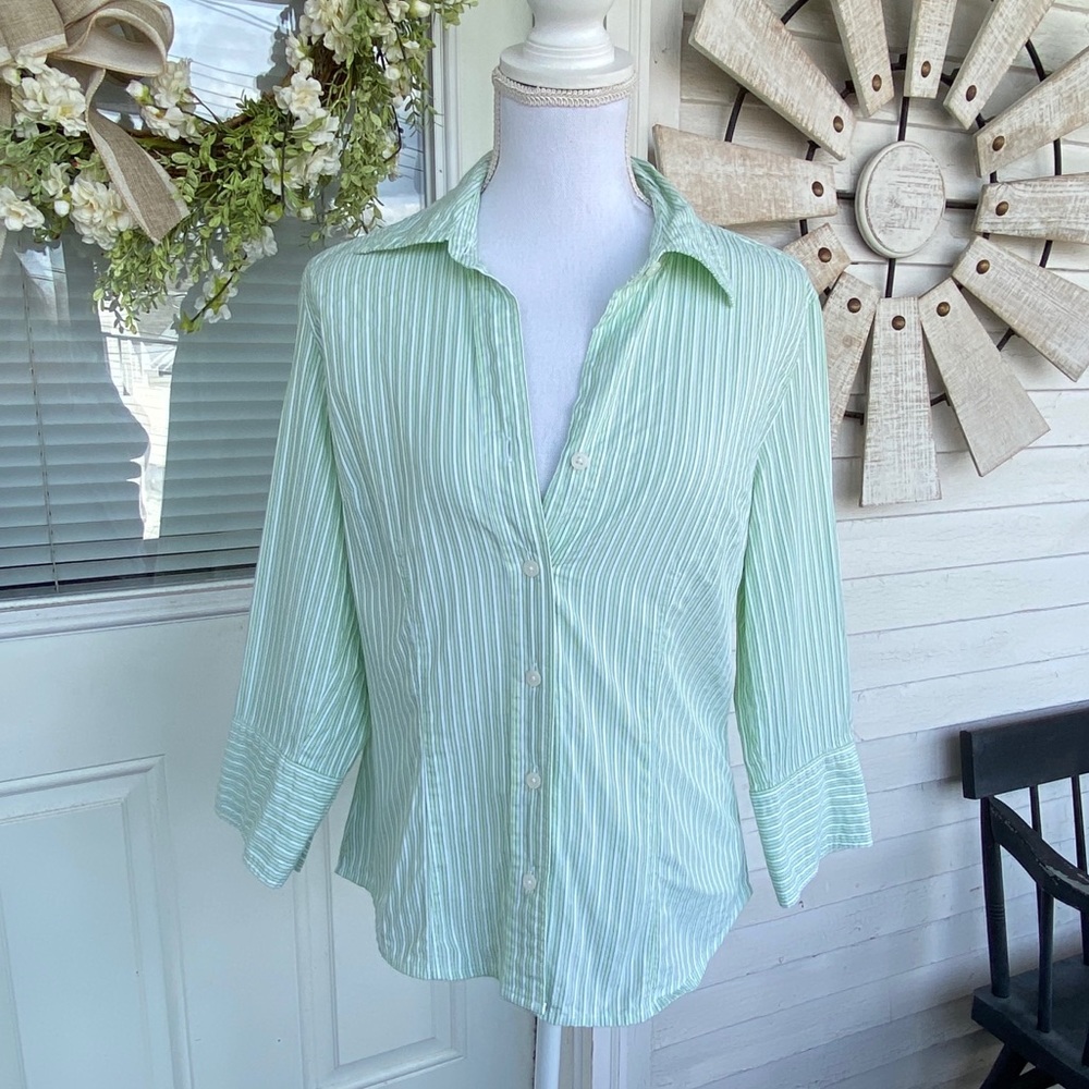 Talbots | Textured Green Stripe Button Down Shirt - image 1